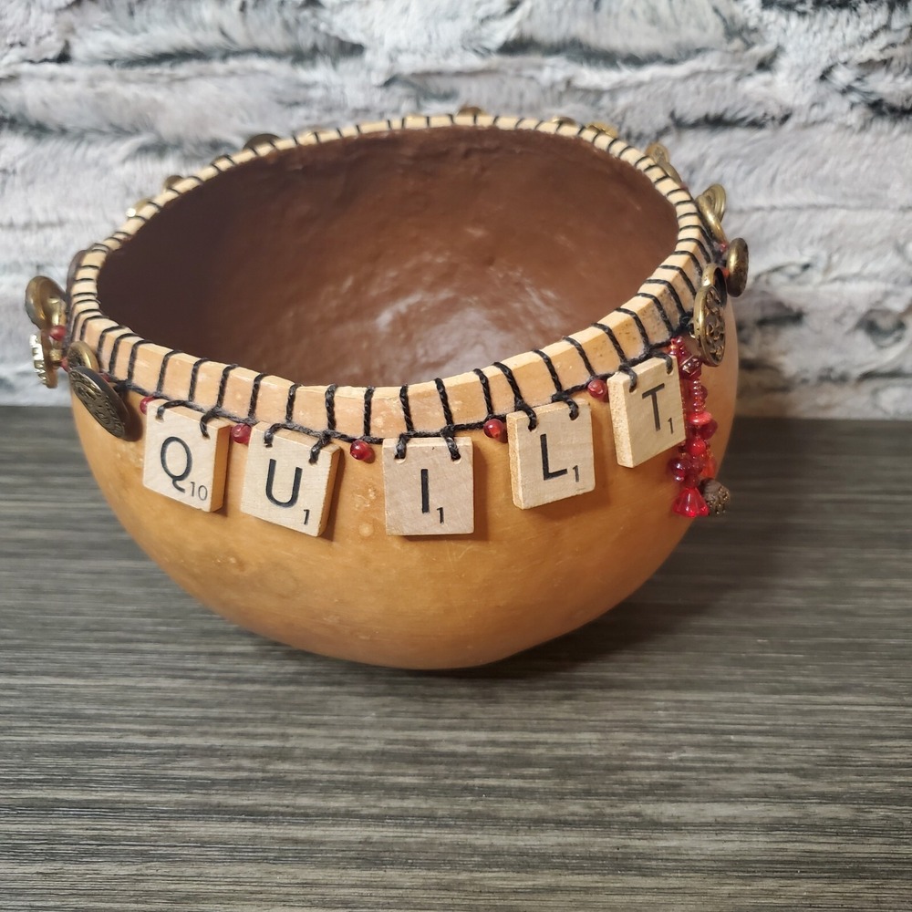 EUC OOAK Handmade Scrabble Tile 7" QUILT Decorative Gourd Yarn Bowl Gift Idea